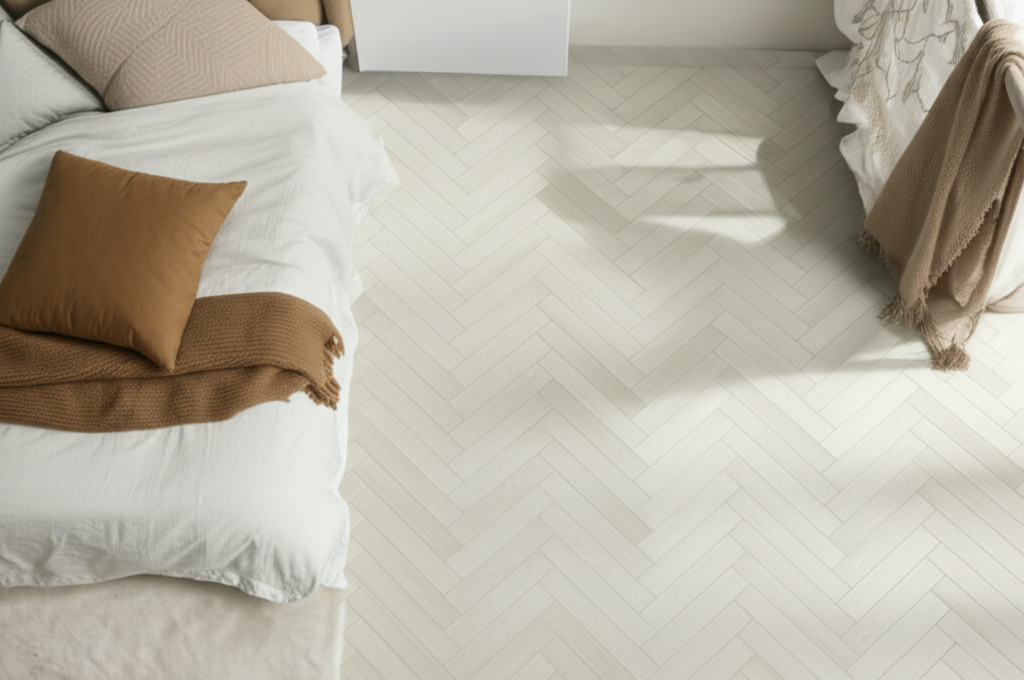 Herringbone vinyl flooring in a bedroom