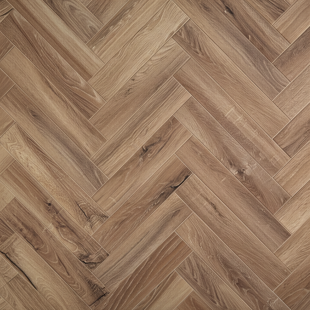 Close-up of herringbone pattern vinyl flooring