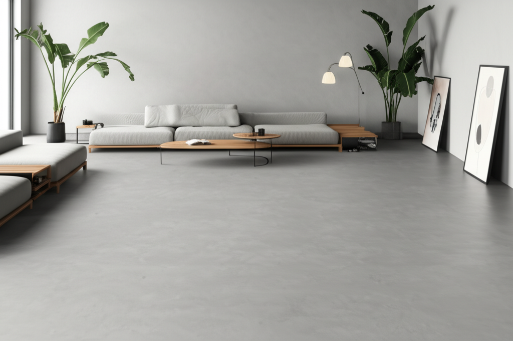 Modern living room with microcement flooring