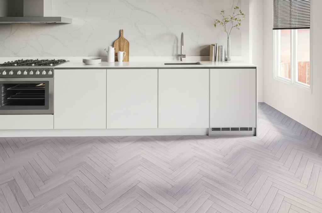 Herringbone vinyl flooring in a kitchen